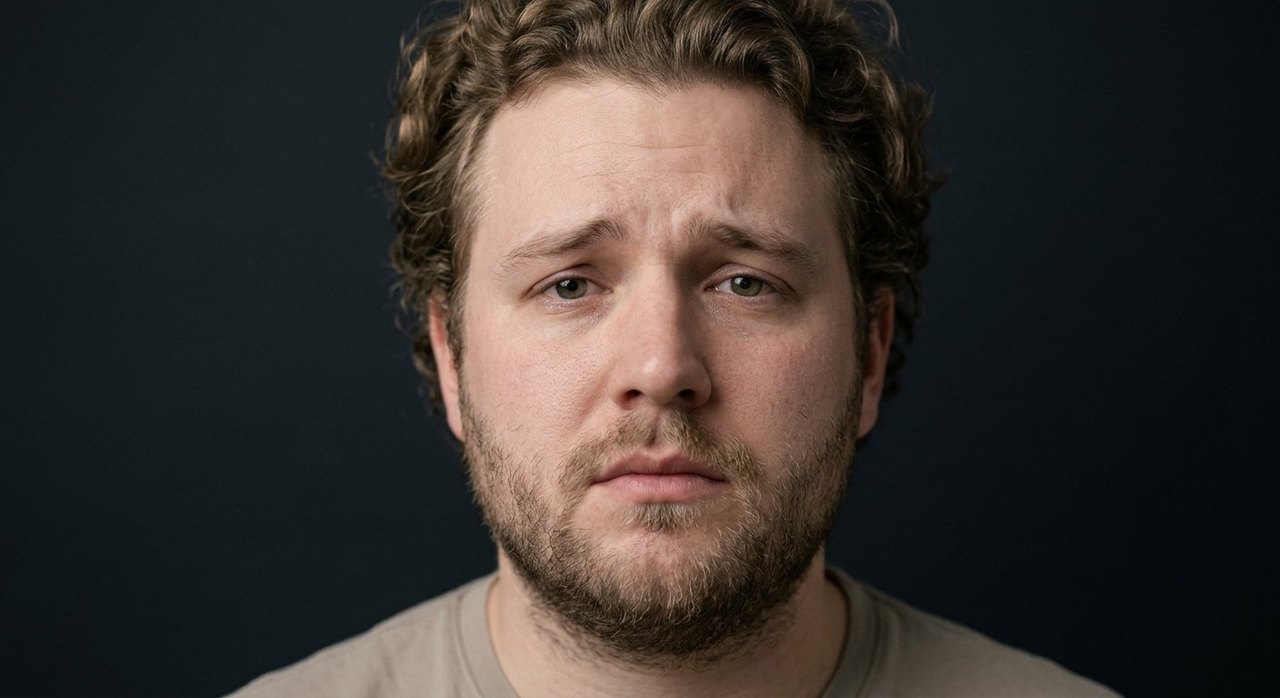 A man's face showing pity: a soft sympathetic look, raised inner brow, downturned mouth.