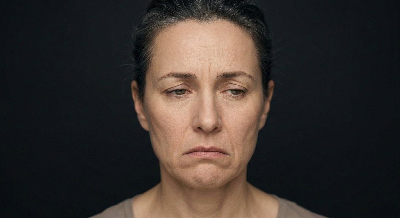 A woman's face showing powerlessness: a defeated downturned mouth, helpless eyes, a sagging face.