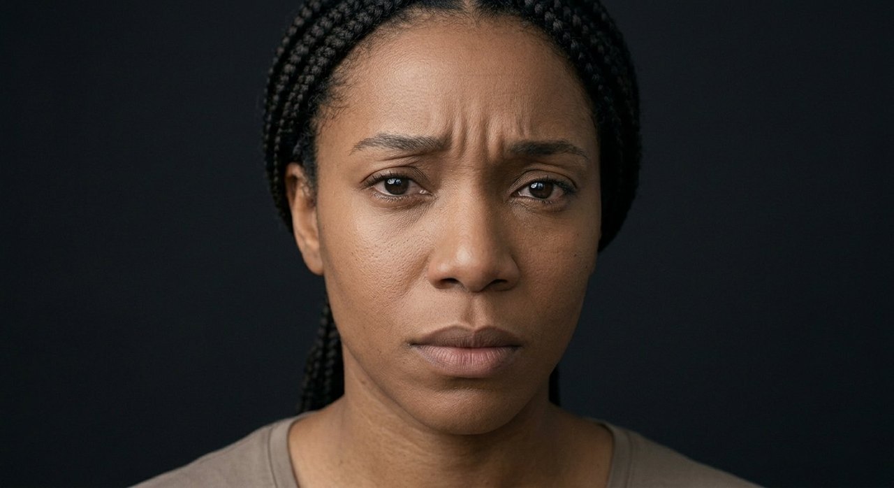 A woman's face showing protectiveness: brows drawn, jaw firm, a watchful, serious look.