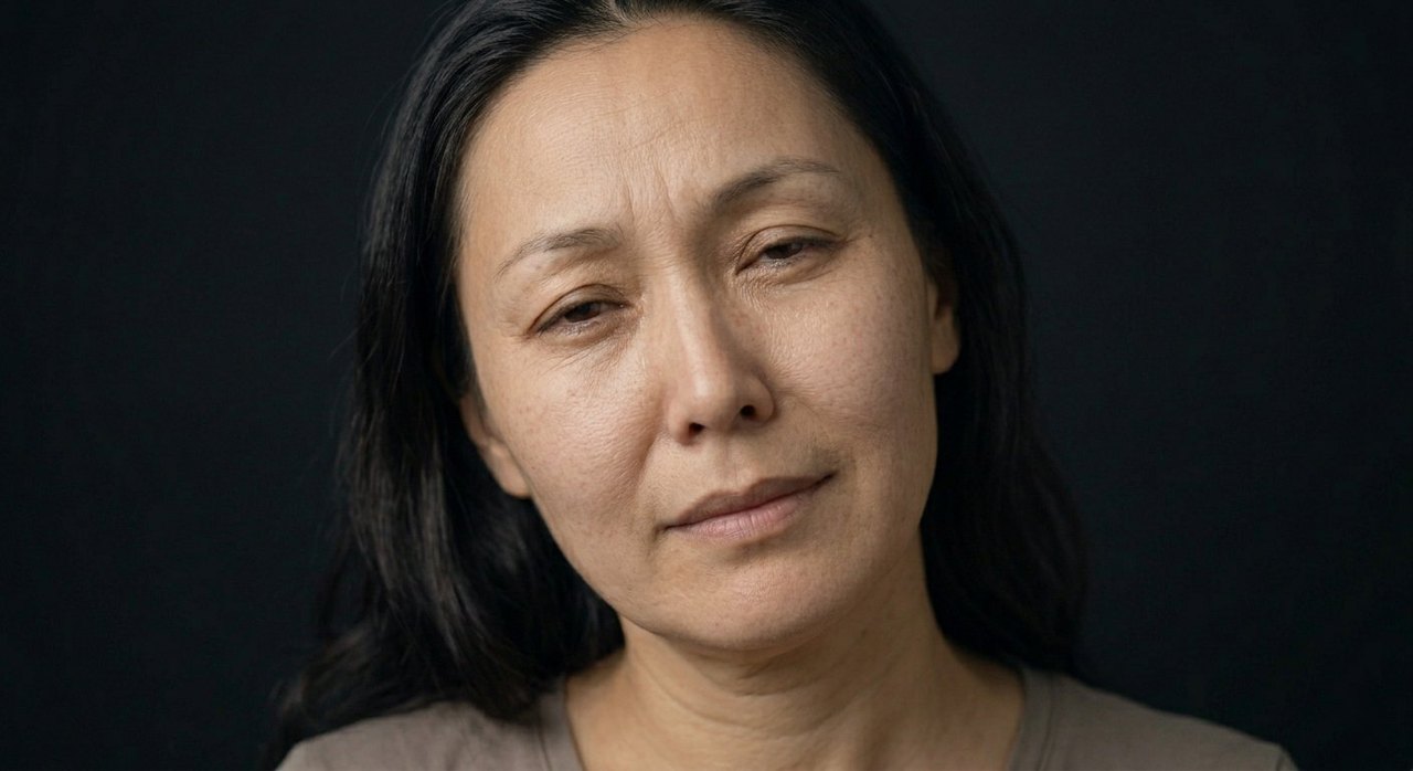 A woman's face showing querencia: head gently tilted, soft eyes, a settled faint smile.