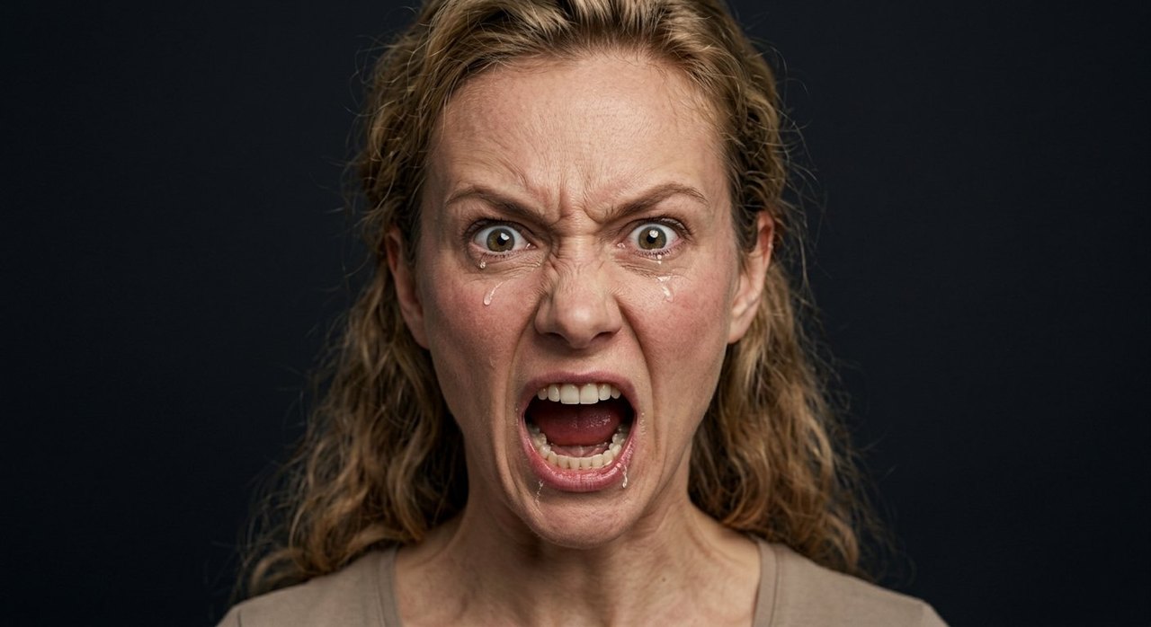 A woman's face showing rage: a wide screaming mouth, bared teeth, a furious glare.