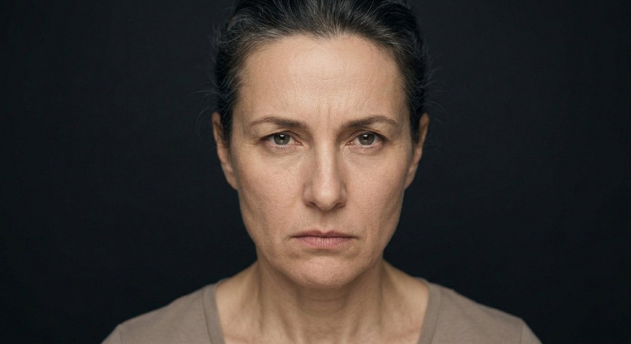 A woman's face showing rapacity: a hard hungry stare, a fixed grasping intensity.