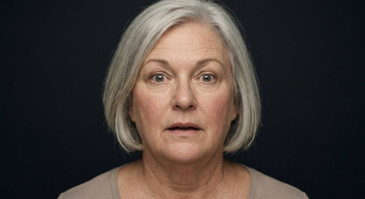 A woman's face showing realisation: raised brows, parted lips, eyes widening as it dawns.