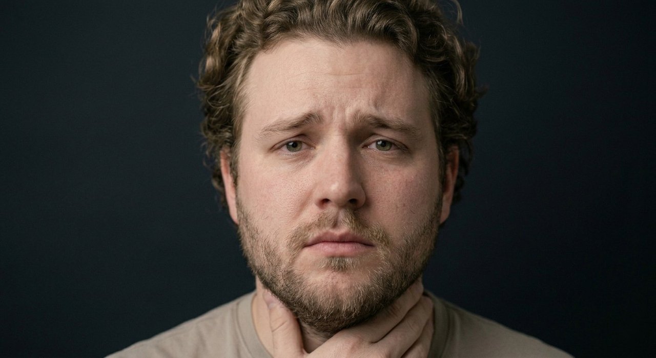 A man's face showing regret: a pained sideways look, knitted brow, tight mouth.