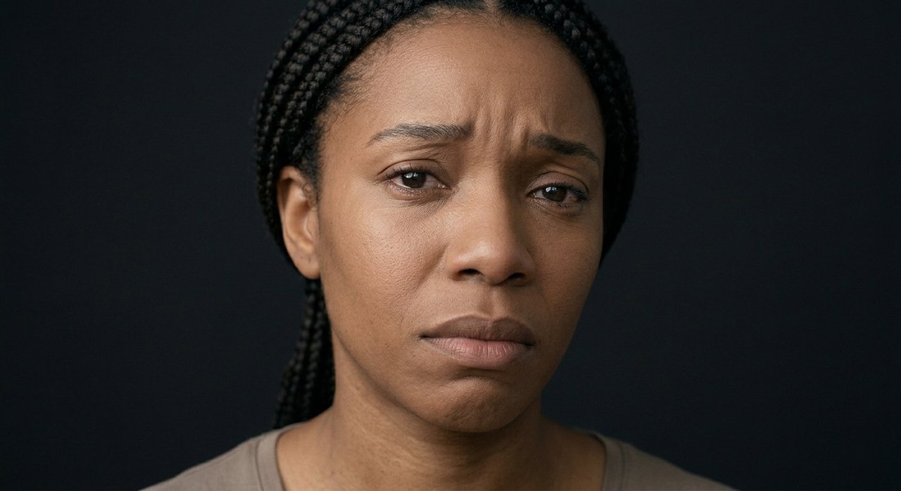 A woman's face showing rejection: a hurt, downcast look and a faintly crumpled brow.