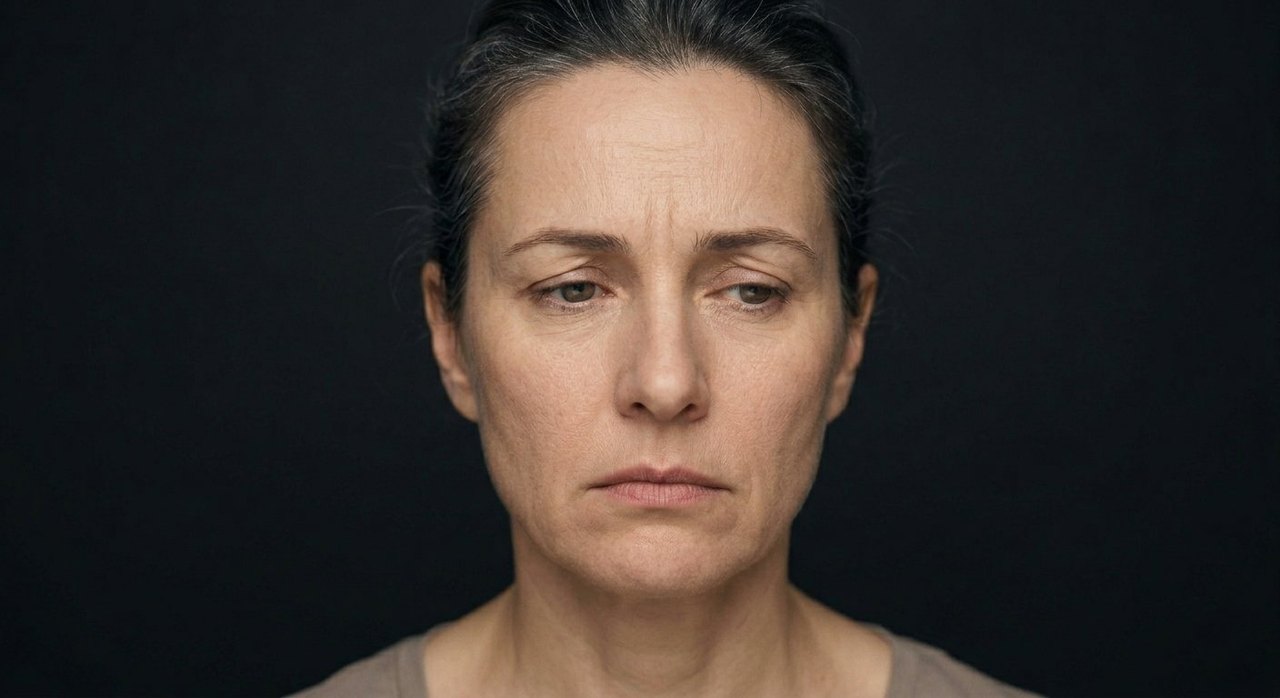 A woman's face showing remorse: downcast eyes, a regretful sorrowful brow, a pained mouth.