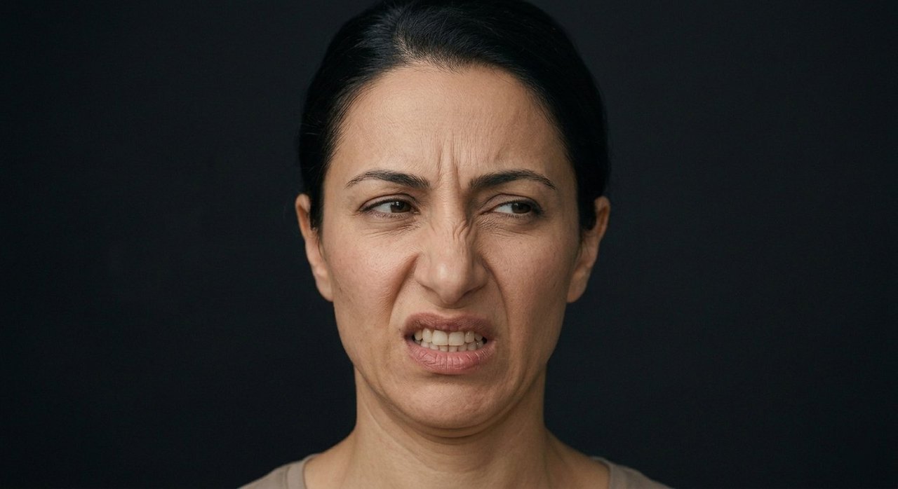 A woman's face showing repugnance: nose deeply wrinkled, teeth bared, a strong physical recoil.