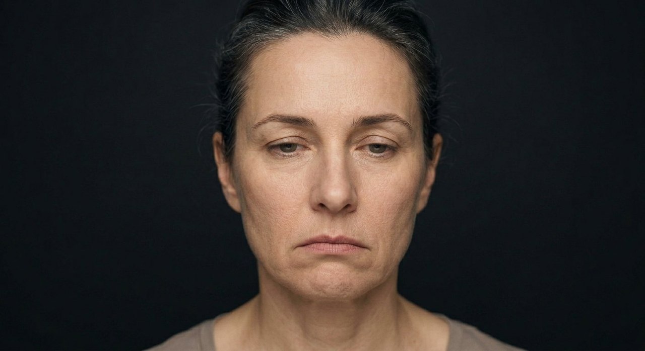 A woman's face showing restiveness: a tense strained look, restless eyes, an on-edge set.