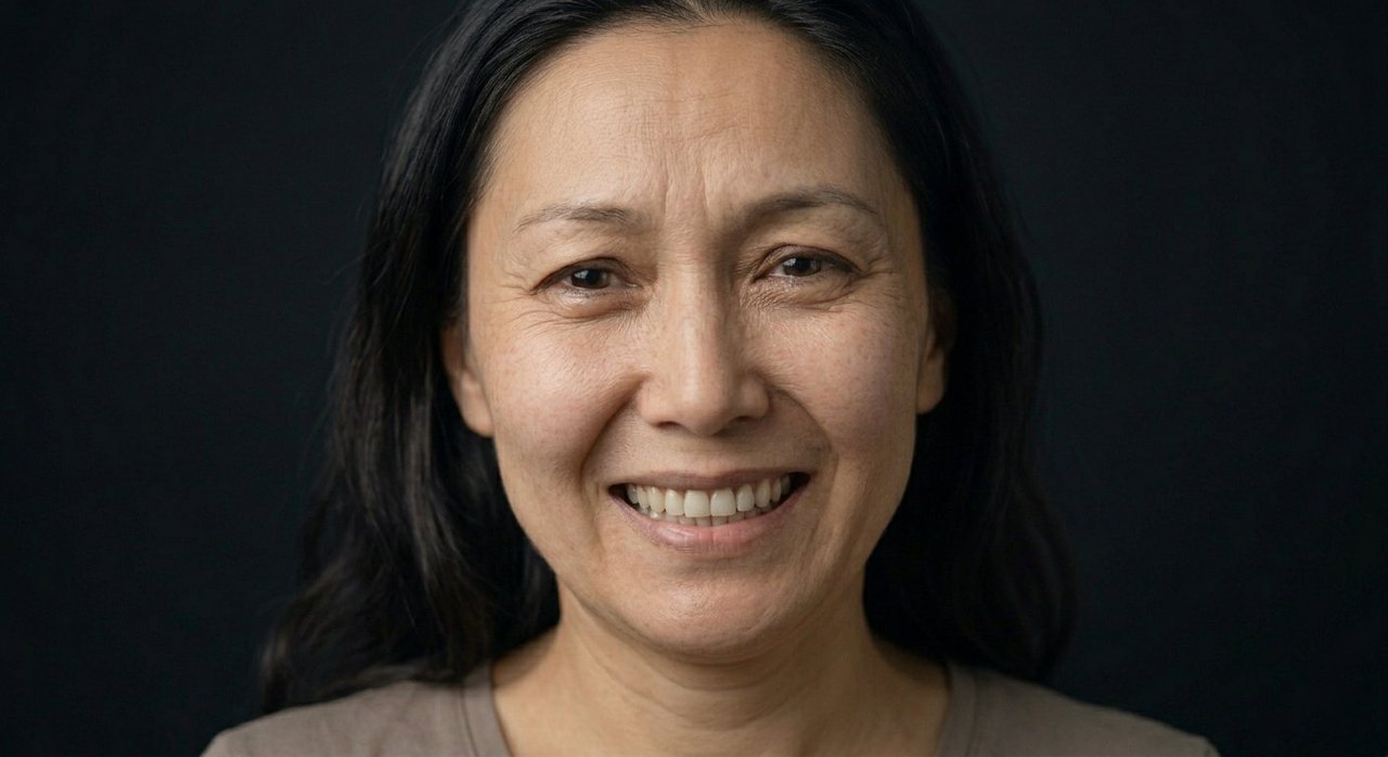 A woman's face showing retrouvailles: a joyful relieved smile and warmly moved eyes.