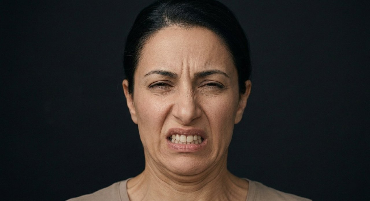 A woman's face showing revulsion: nose wrinkled, teeth clenched, eyes narrowed in repulsion.