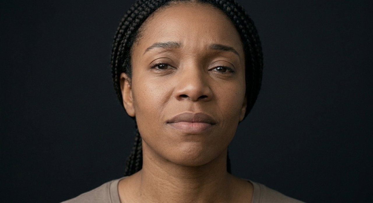 A woman's face showing righteousness: a composed, firm gaze and a steady, certain set.
