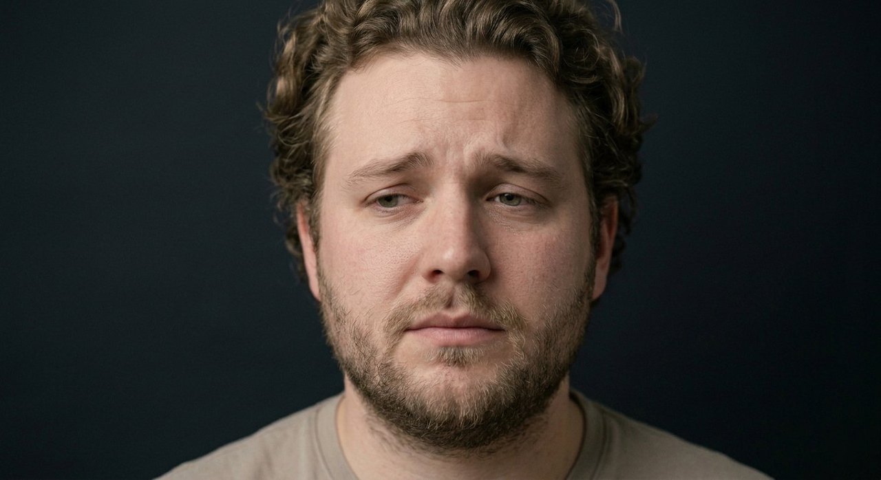 A man's face showing rue: a regretful look aside, raised brow, mouth pulled down.