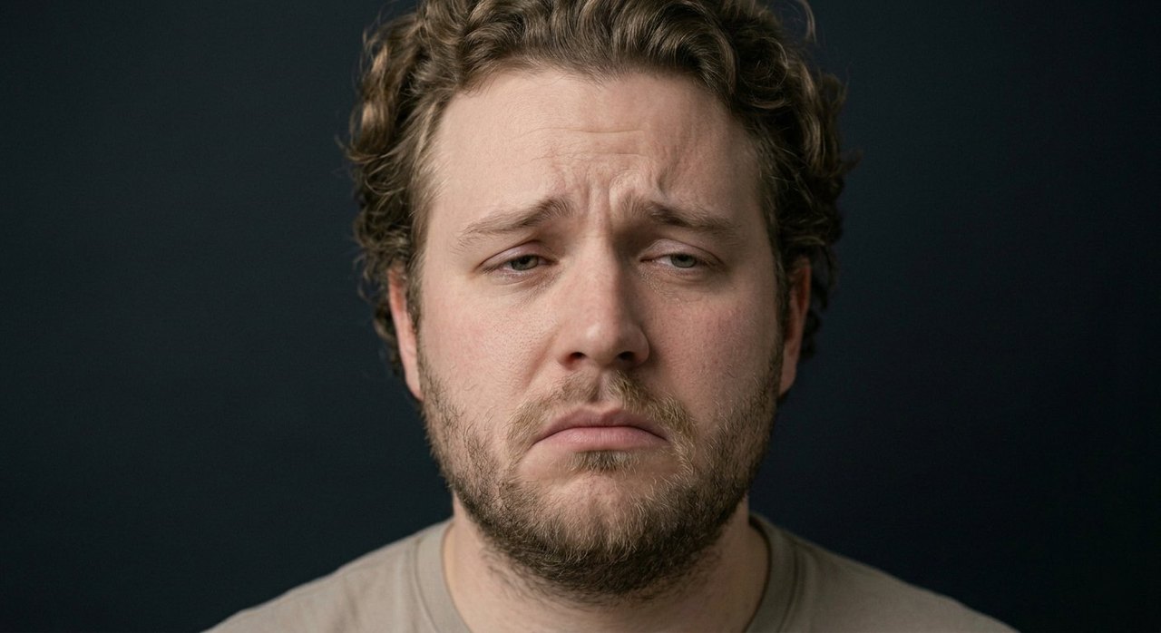 A man's face showing sadness: a downturned mouth, raised inner brow, lowered sideways gaze.