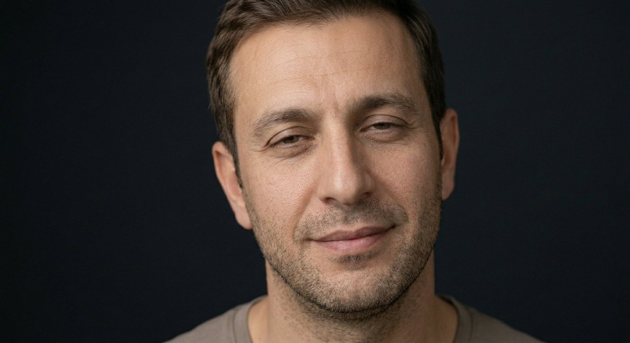 A man's face showing satiety: a contented half-smile and relaxed satisfied eyes.
