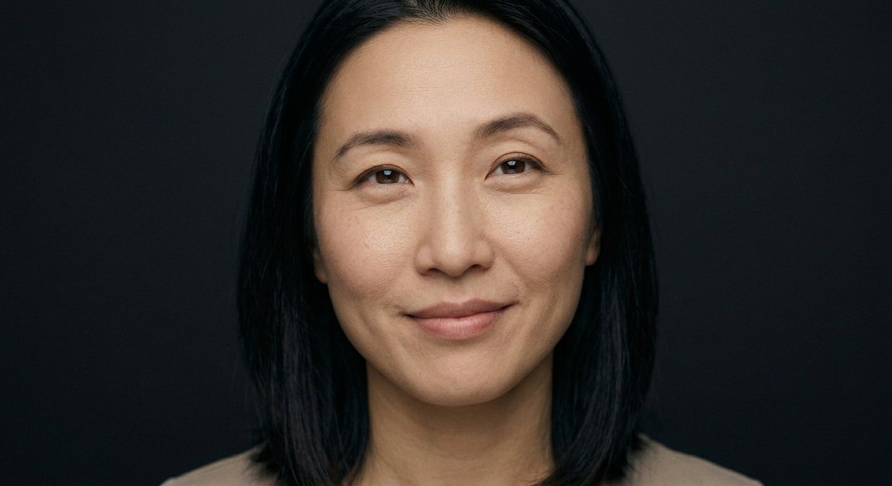 A woman's face showing satisfaction: a satisfied closed smile and calm, pleased, steady eyes.