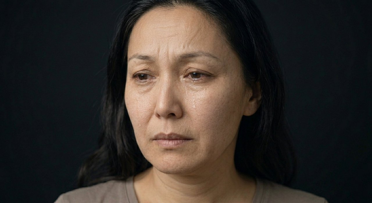A woman's face showing saudade: a sombre pressed mouth and a distant, longing gaze.