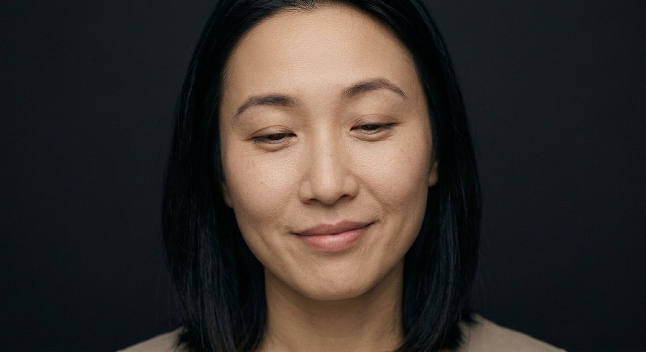 A woman's face showing savoring: lowered eyes and a soft savouring smile, a moment held.