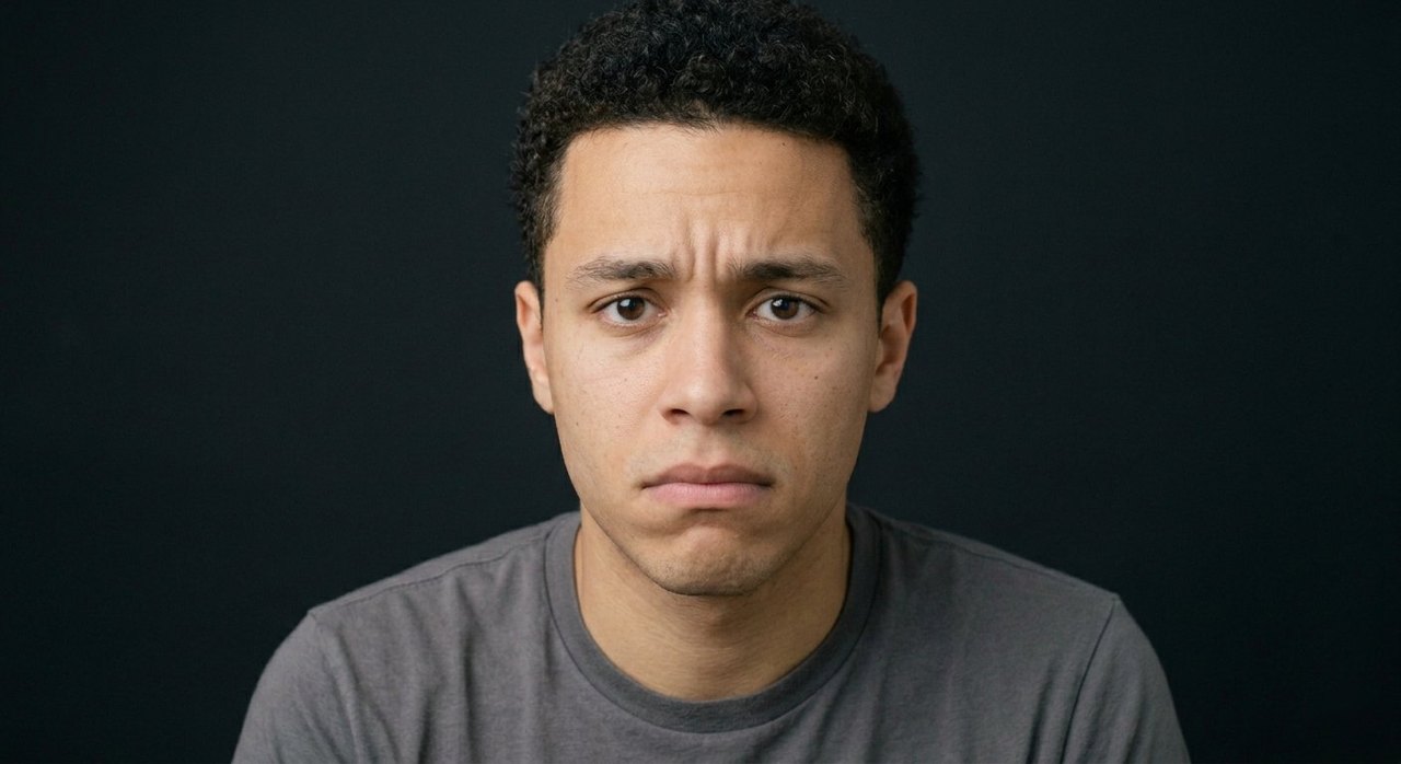 A man's face showing self-consciousness: flushed cheeks, a tight uneasy smile, averted eyes.