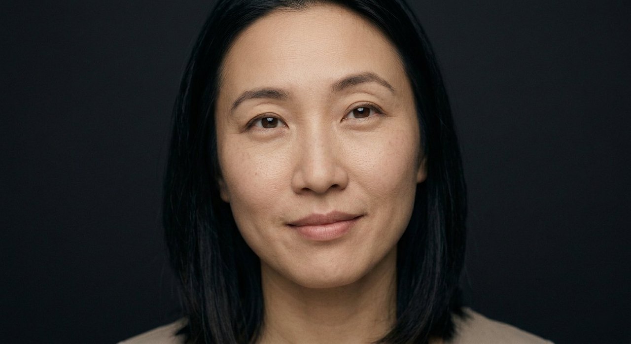 A woman's face showing serenity: a calm gentle smile and a peaceful, untroubled gaze.