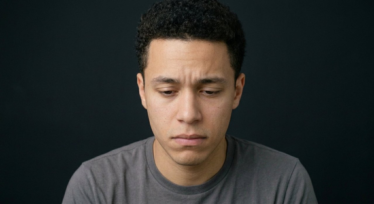 A man's face showing shame: head lowered, eyes down, a tight downturned mouth.
