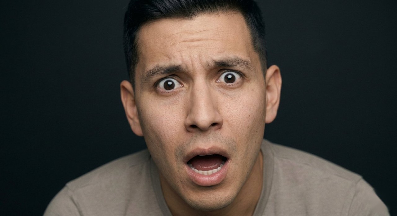 A man's face showing shock: eyes wide, eyebrows raised, mouth open.
