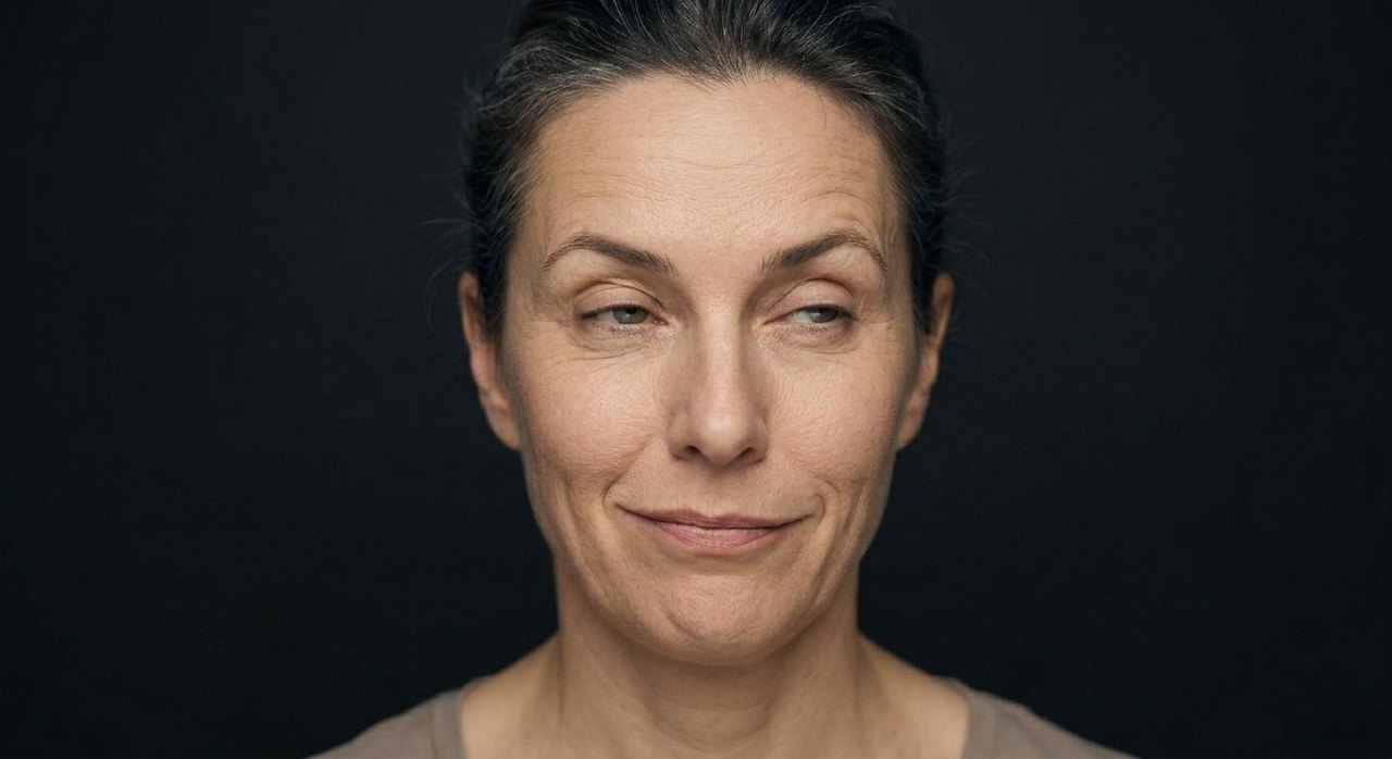 A woman's face showing smugness: a self-satisfied half-smile, a narrowed eye, a superior look.