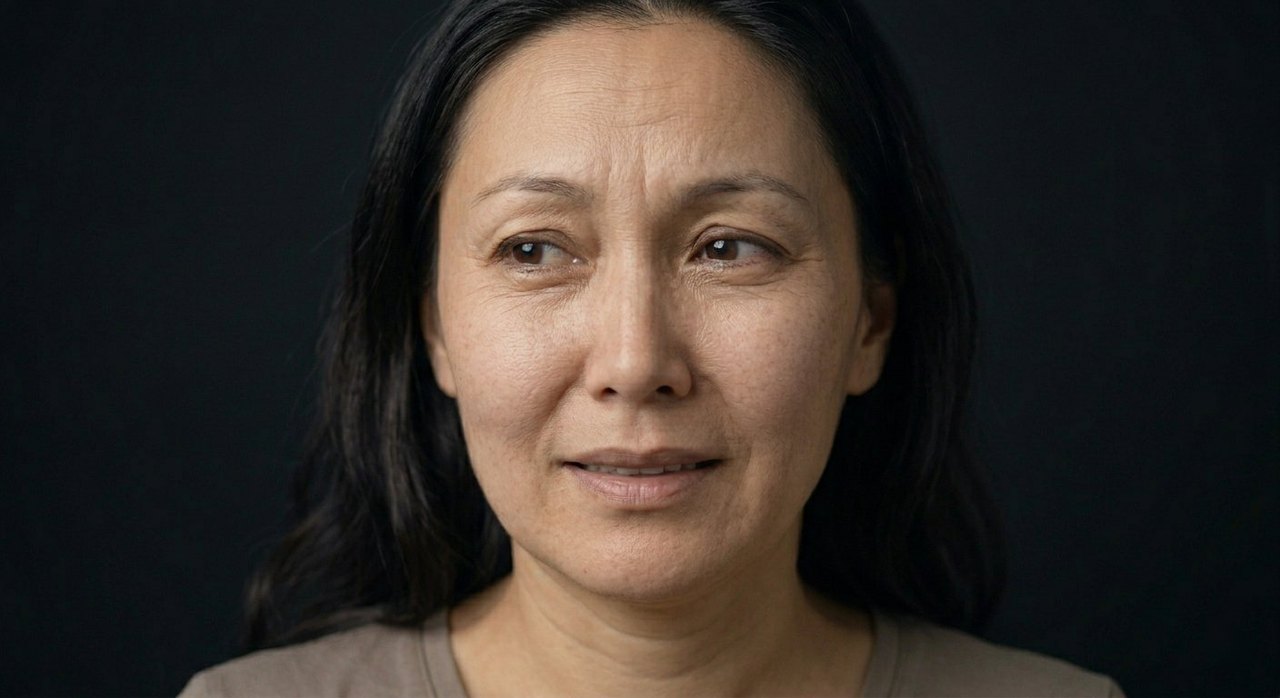 A woman's face showing sobremesa: a soft lingering smile and relaxed, warm eyes.