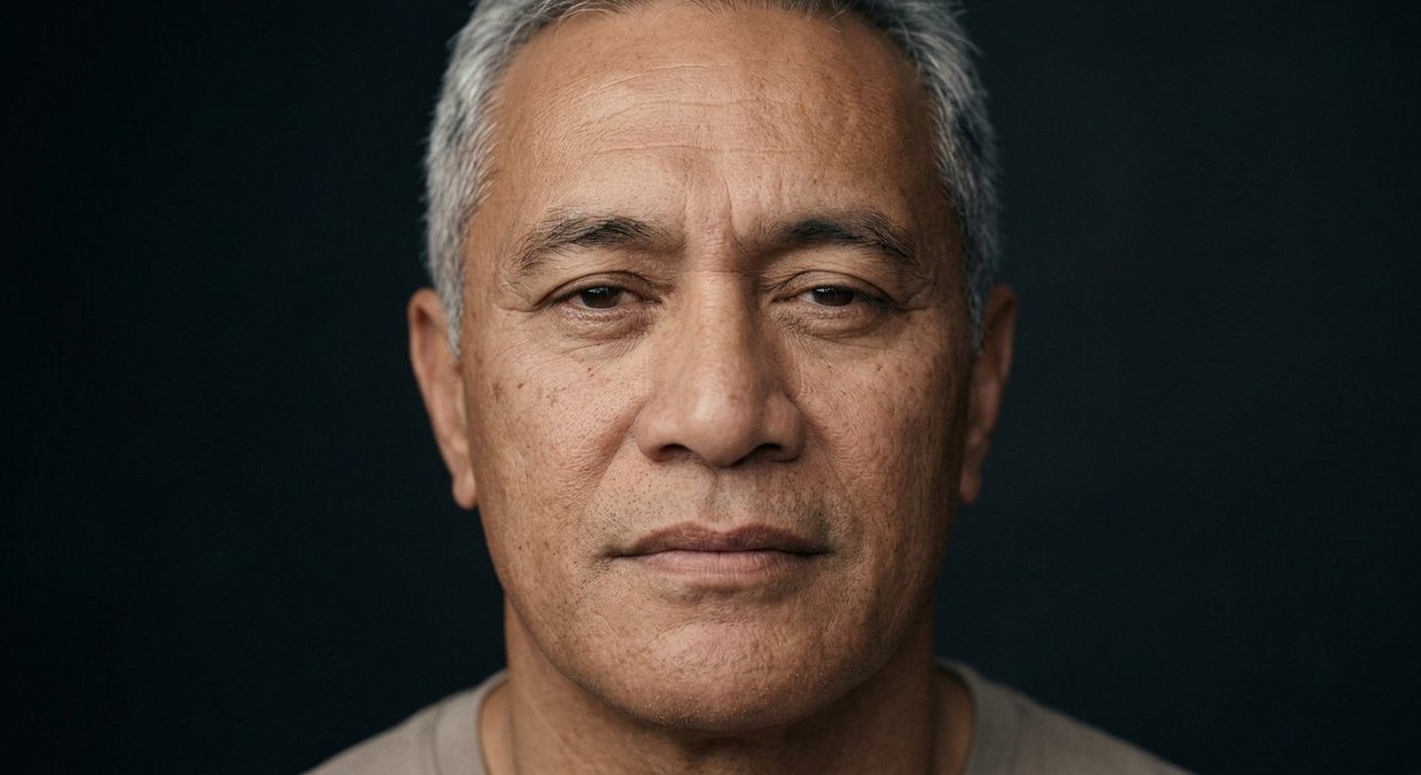 A man's face showing solemnity: a grave steady gaze, closed lips, serious composed dignity.