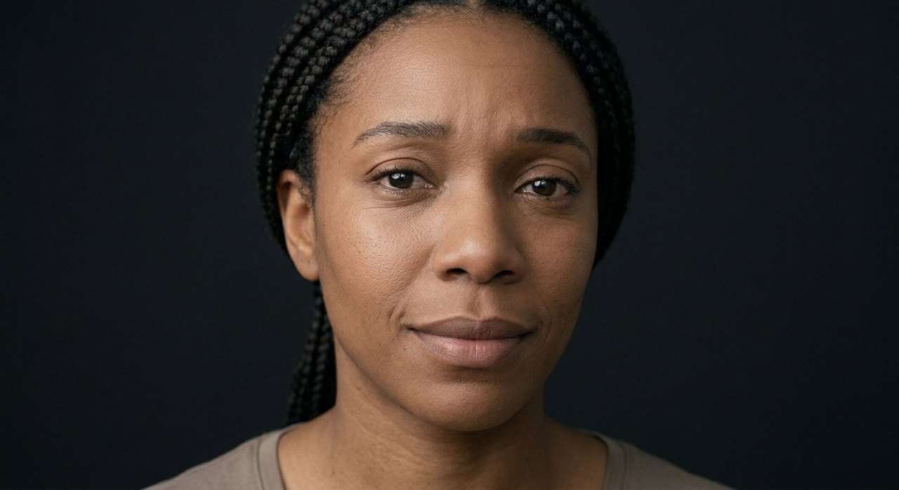 A woman's face showing solidarity: a steady, resolute gaze and a composed, firm set.