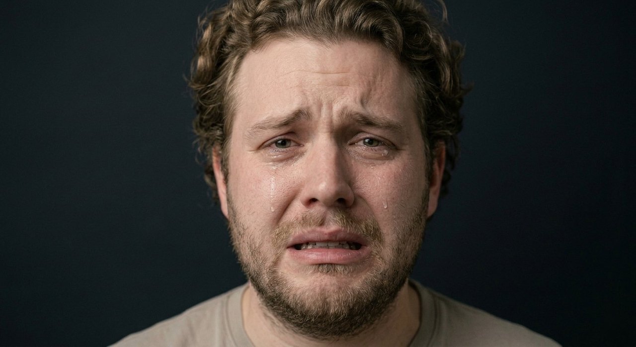 A man's face showing sorrow: a downturned open mouth, wet cheeks, raised inner brow.