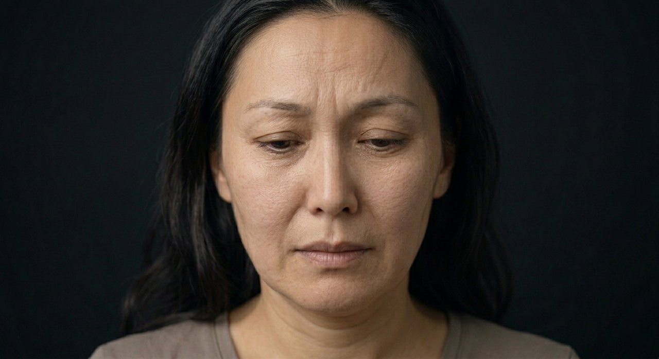 A woman's face showing spleen: downcast eyes and a weary, listless heaviness.