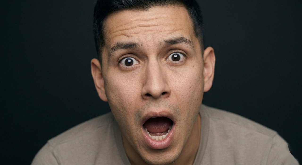 A man's face showing startle: eyes wide, mouth open in a sudden reaction.