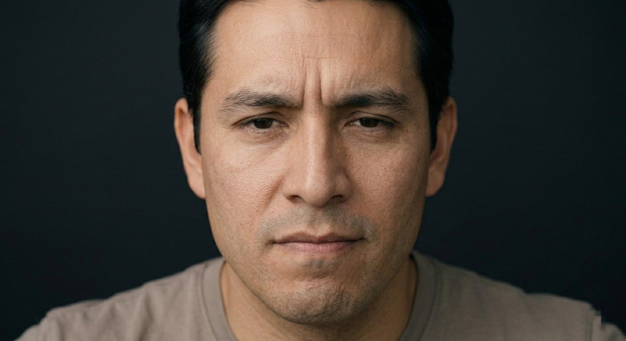 A man's face showing stubbornness: a deep frown, lowered brows, and a firm mouth.