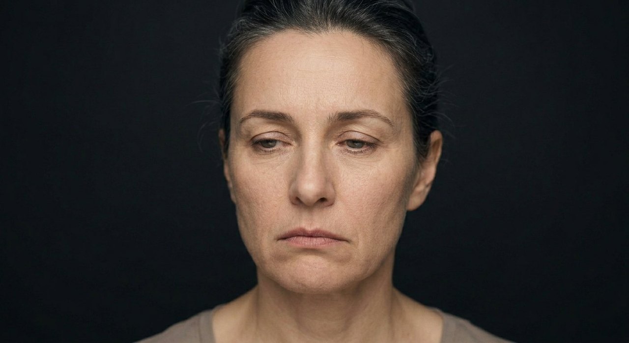 A woman's face showing stuporousness: a vacant dazed look, heavy-lidded eyes, a dull face.