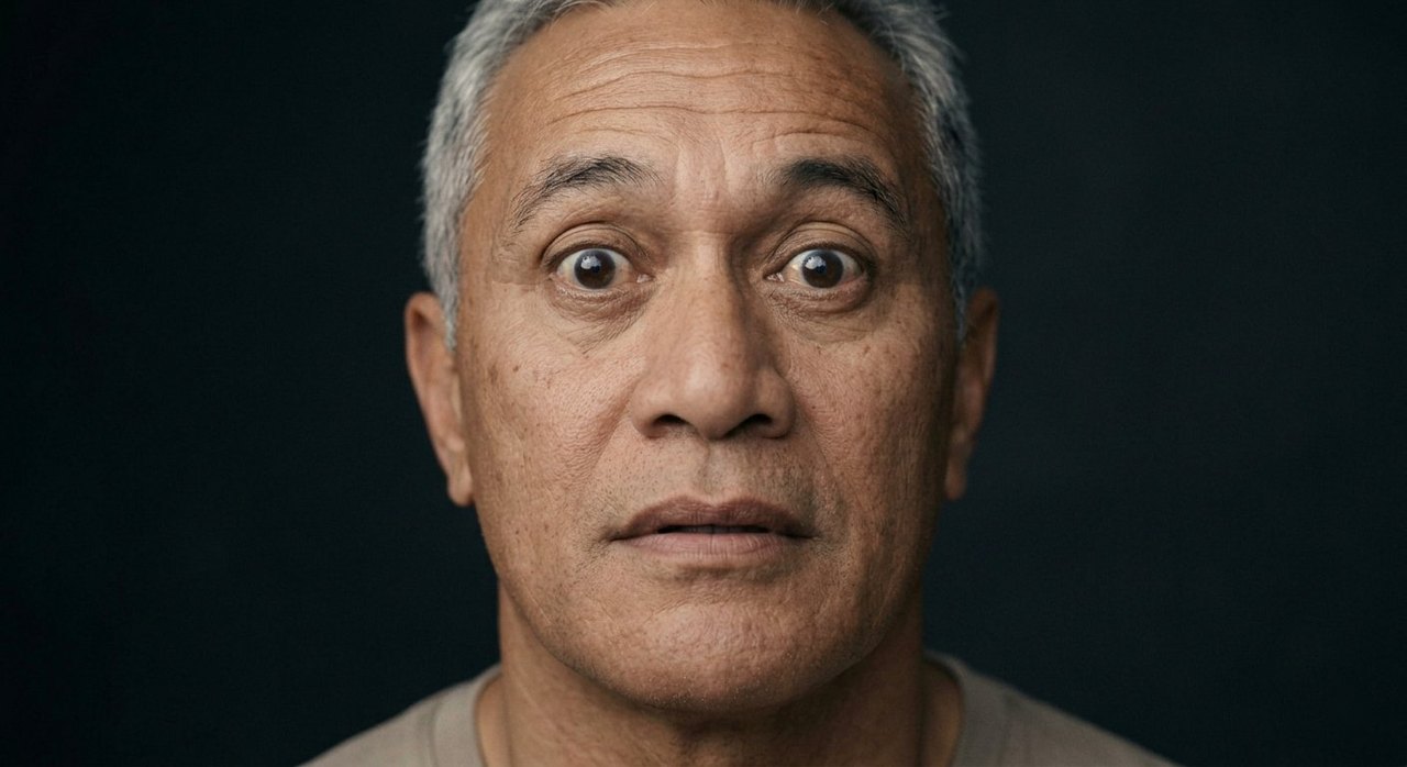 A man's face showing the sublime: wide eyes, raised brows, parted lips, an overwhelmed look.
