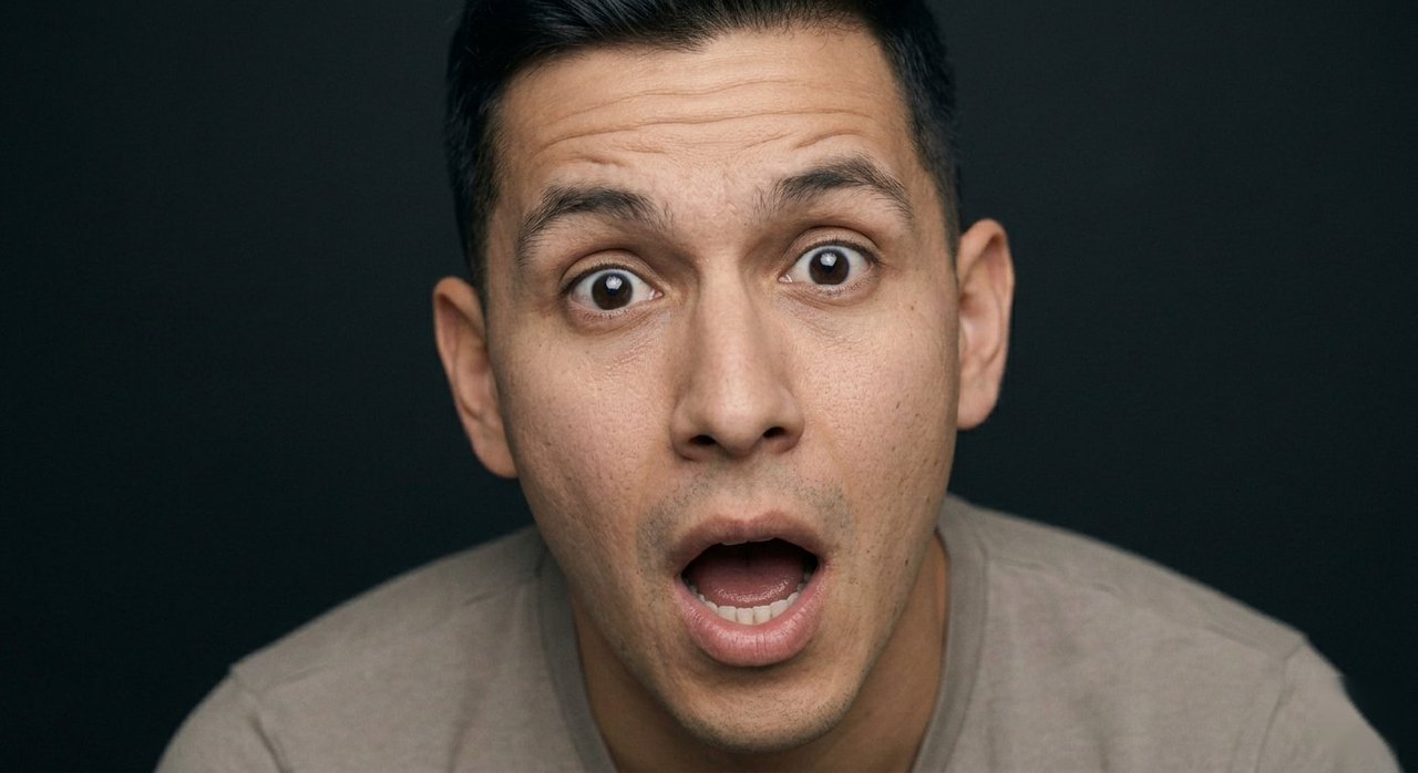 A man's face showing surprise: eyebrows lifted, eyes wide, mouth open.