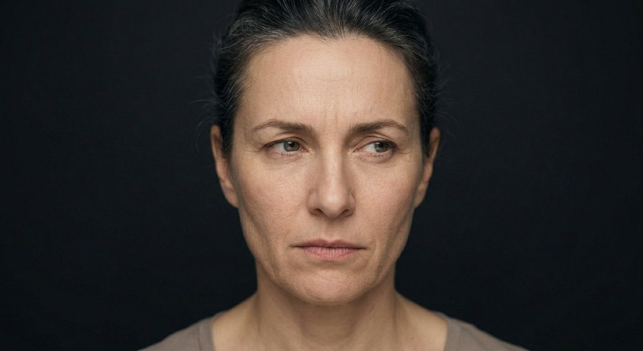A woman's face showing suspicion: a wary sideways glance, narrowed eyes, a distrustful set.