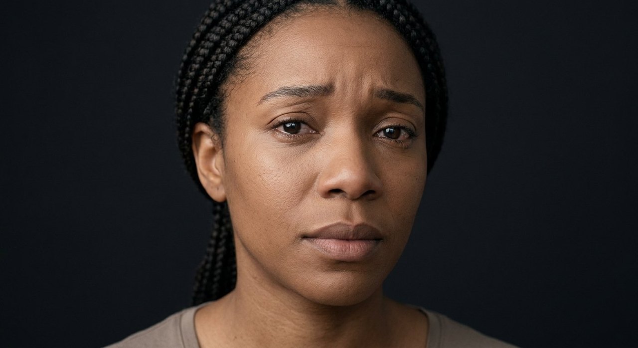 A woman's face showing sympathy: brows drawn up in sorrow and a soft, caring look.
