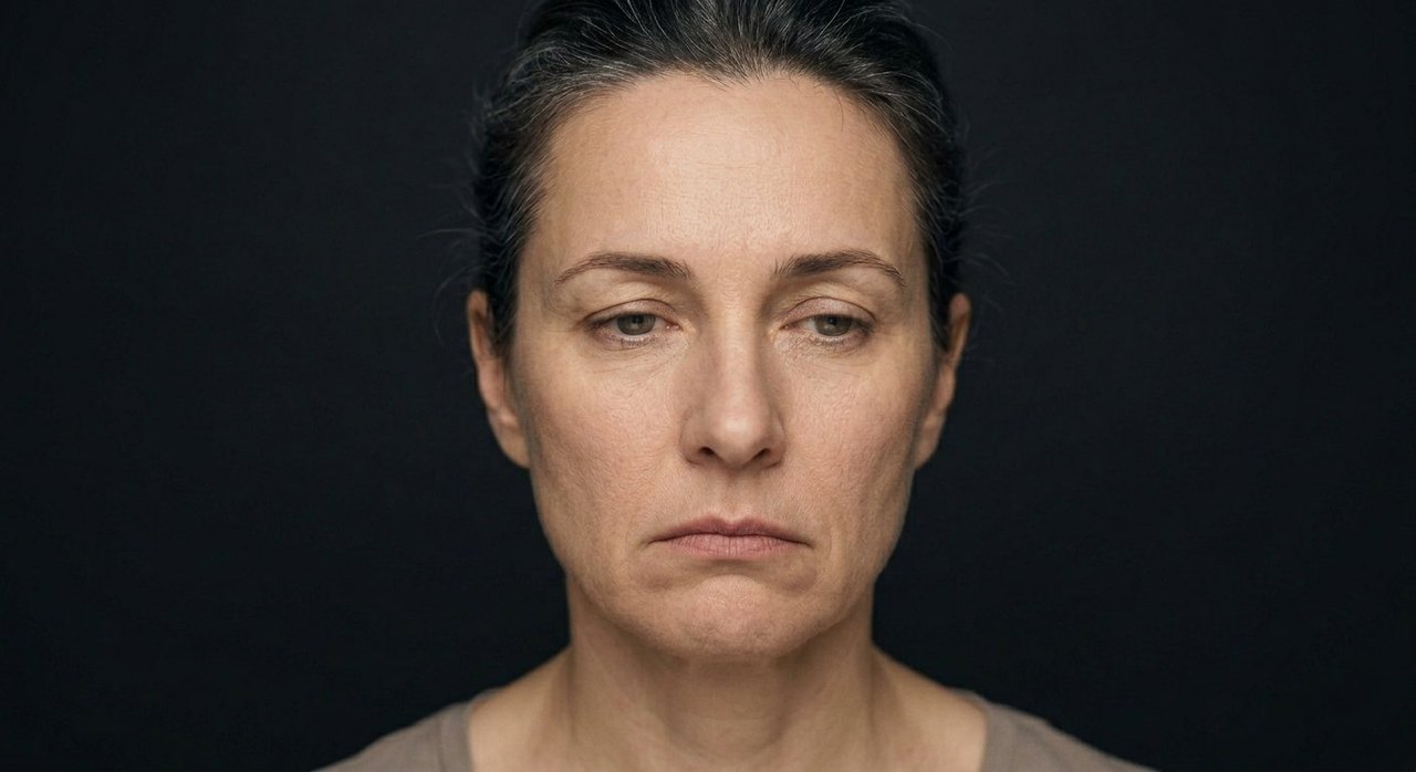 A woman's face showing tendentiousness: a fixed one-sided frown, a pointed insistent look.