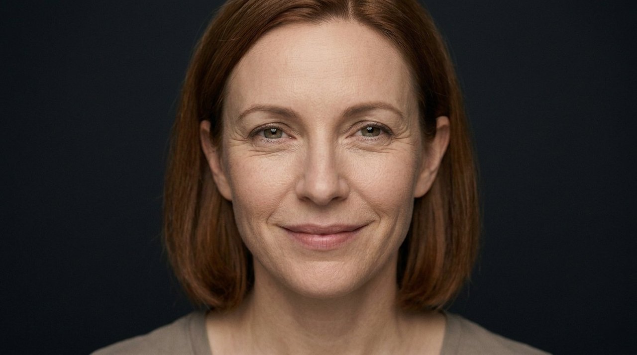A woman's face showing tenderness: a soft gentle smile, warm eyes, a mild caring look.