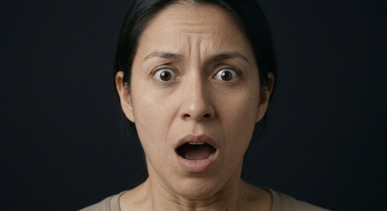 A woman's face showing terror: eyes wide, mouth open, frozen in intense fear.