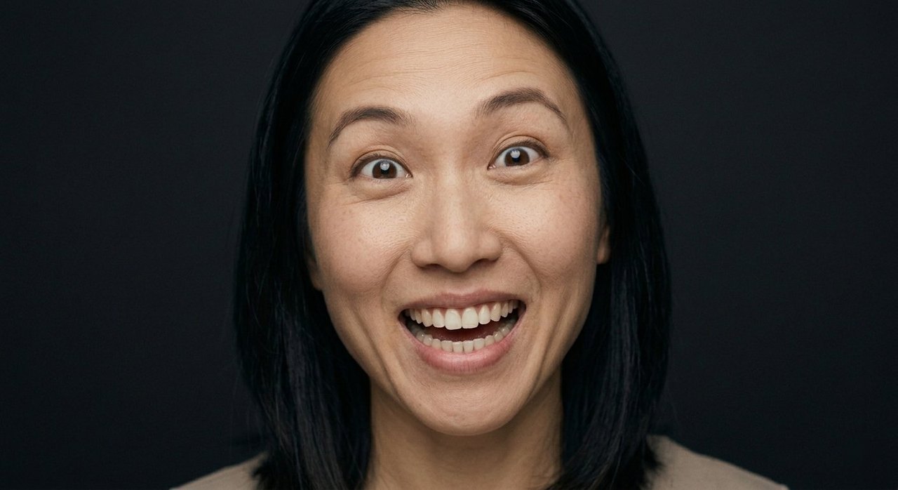 A woman's face showing thrill: wide excited eyes, raised brows, and a thrilled grin.
