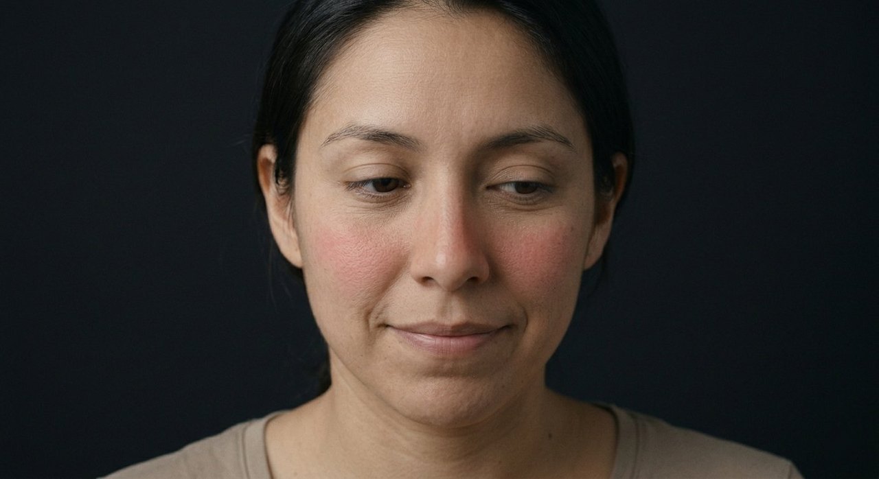 A woman's face showing timidity: gaze lowered, a shy half-smile, a hesitant look.