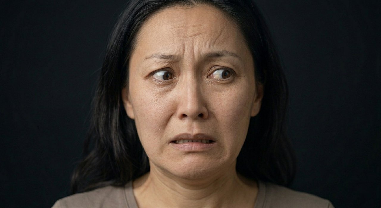A woman's face showing torschlusspanik: wide anxious eyes glancing aside and a tense brow.