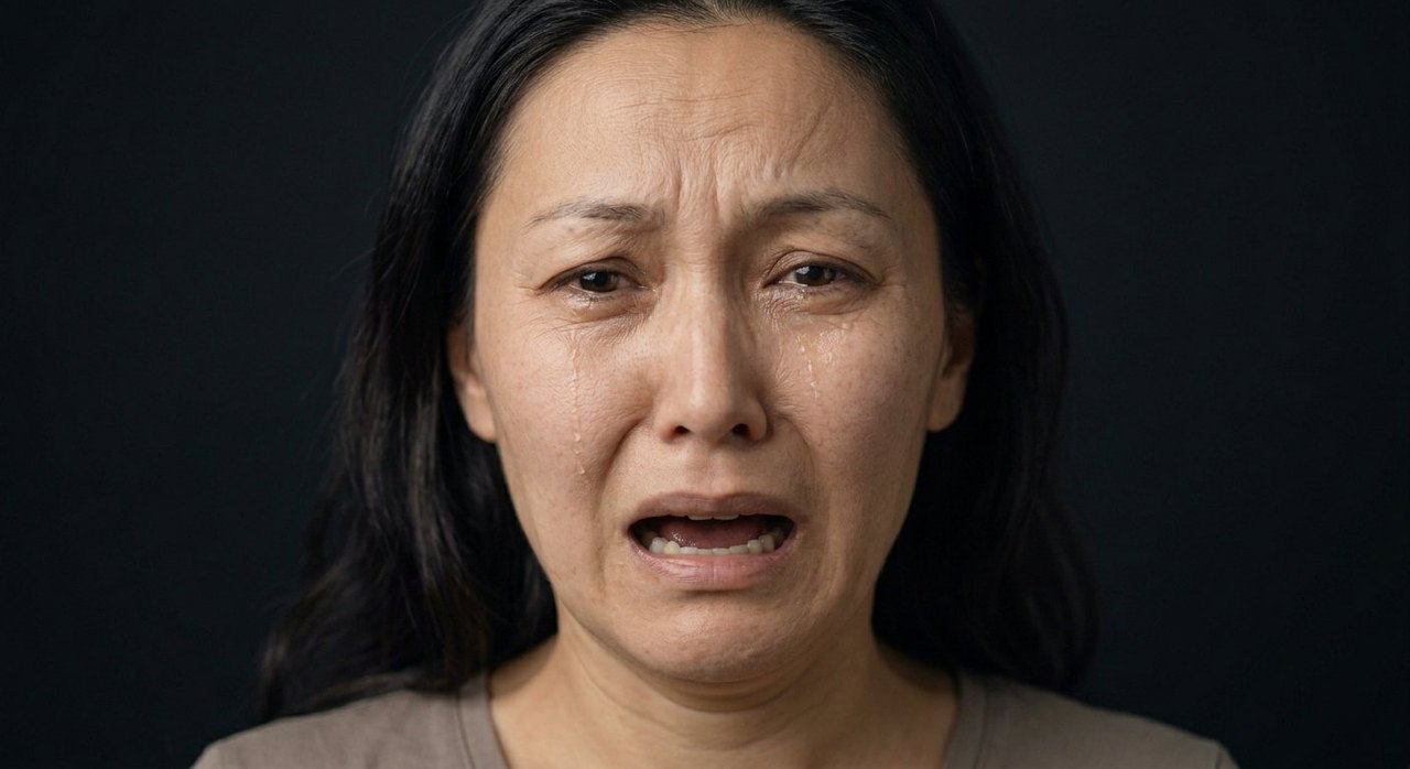 A woman's face showing toska: brows drawn up, mouth open in anguish, tears falling.