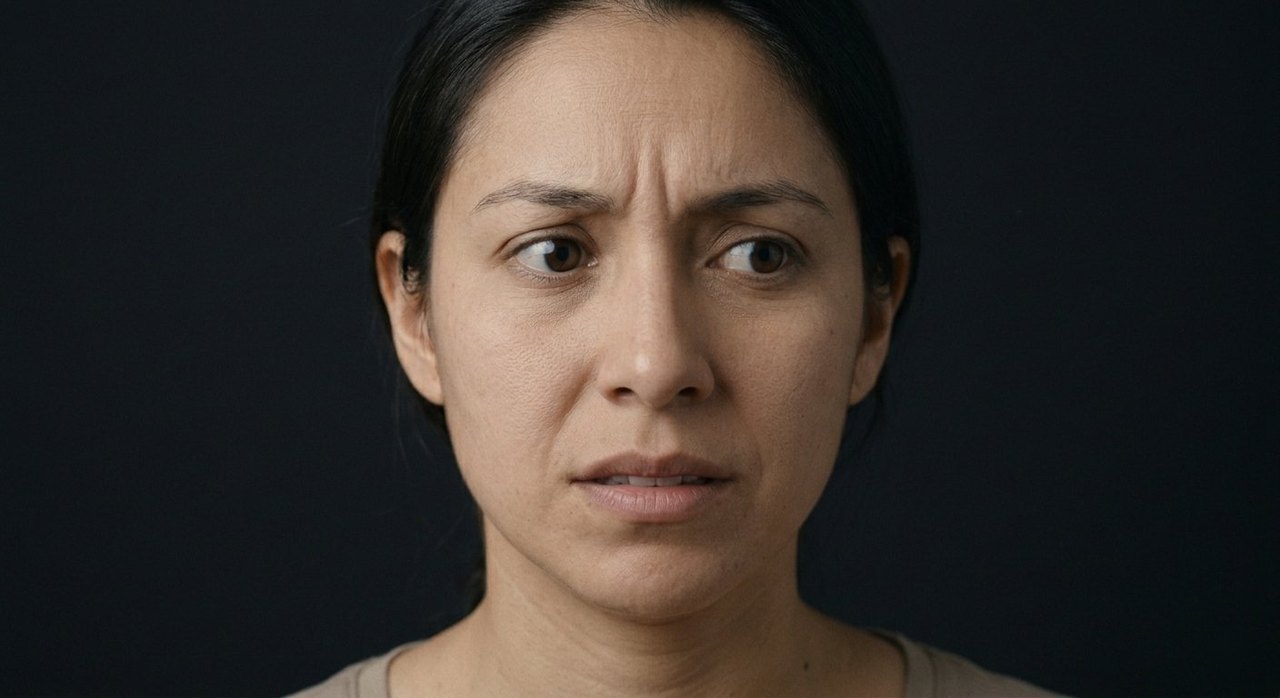 A woman's face showing trepidation: a drawn brow and a fearful, hesitant downward gaze.