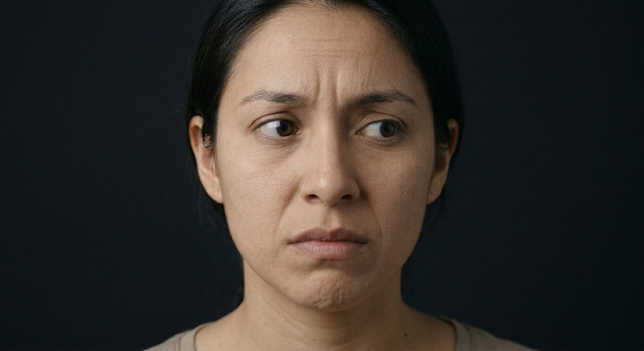 A woman's face showing trepidity: a drawn brow, cautious eyes, a wary, hesitant look.