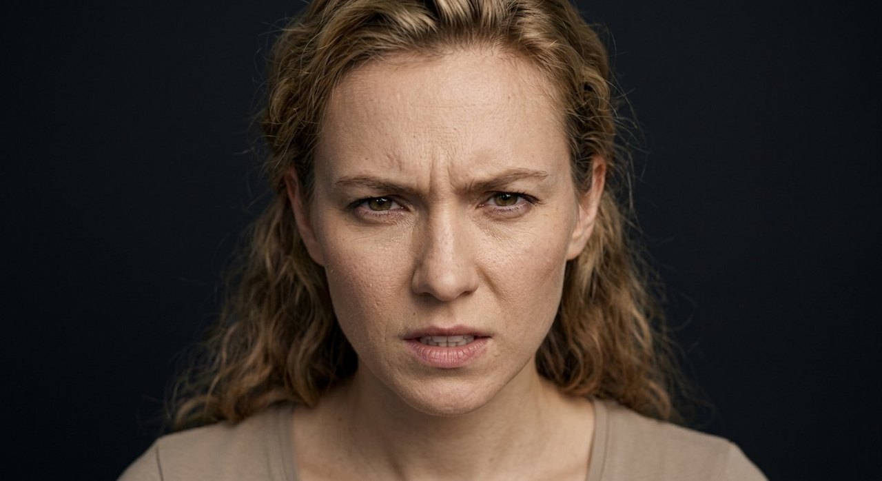 A woman's face showing truculence: a defiant scowl and a hard challenging set.