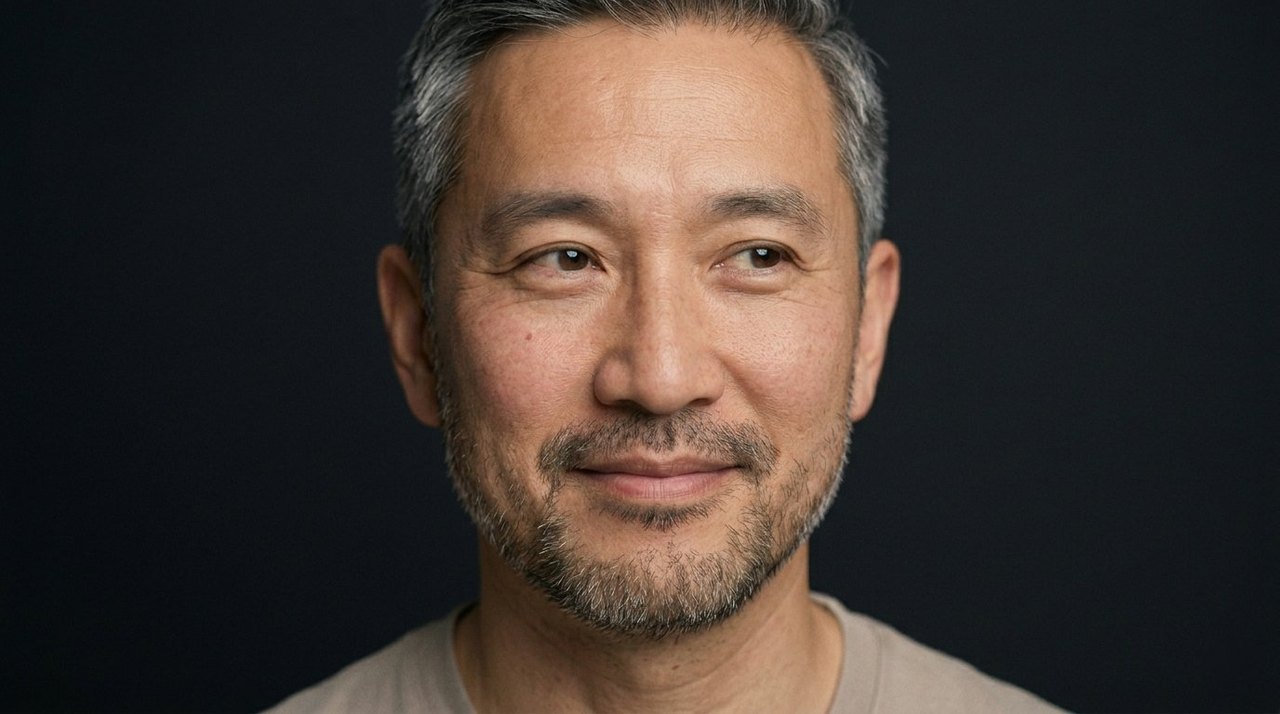 A man's face showing trust: a warm steady gaze, a calm gentle closed smile.