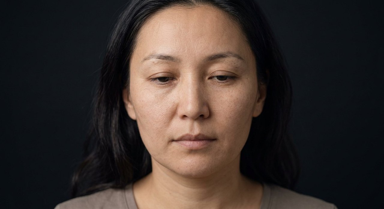 A woman's face showing tsundoku: lowered eyes and a calm, mildly rueful, faraway look.